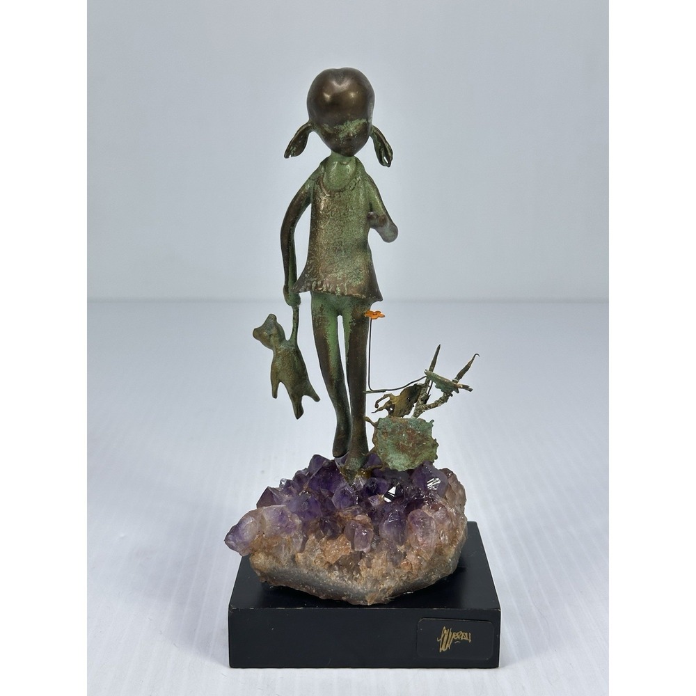 VINTAGE Malcolm Moran Bronze Sculpture Girl Flower Teddy Bear Amethyst Crystalâ